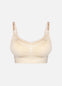 Still product image of Fancy Mama Nursing Bra in latte and white, seamless wire-free nursing bras. Clip-down cups, adjustable straps, and decorative print with lace trim along cup edges visible.