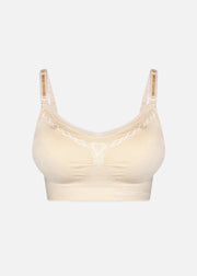 Still product image of Fancy Mama Nursing Bra in latte and white, seamless wire-free nursing bras. Clip-down cups, adjustable straps, and decorative print with lace trim along cup edges visible.
