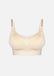 Still product image of Fancy Mama Nursing Bra in latte and white, seamless wire-free nursing bras. Clip-down cups, adjustable straps, and decorative print with lace trim along cup edges visible.