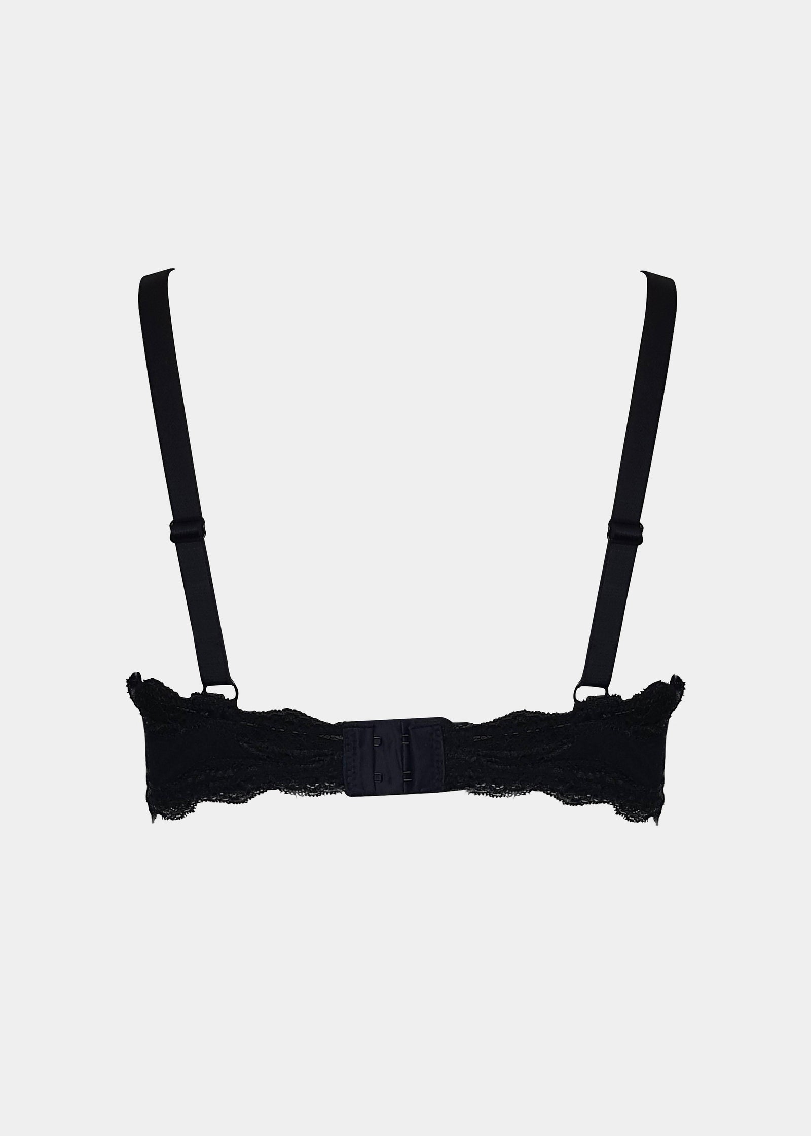 Still product image of Mama Lace Bralette in black shown from the back. Seamless wire-free nursing bra with adjustable straps, hook-and-eye closure, and smooth fabric back panel.