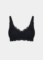 Still product image of Mama Lace Bralette in black, seamless wire-free nursing bra. Stretch fabric cups with removable pads, clip-down nursing cups, adjustable straps, and lace trim along the edges visible.
