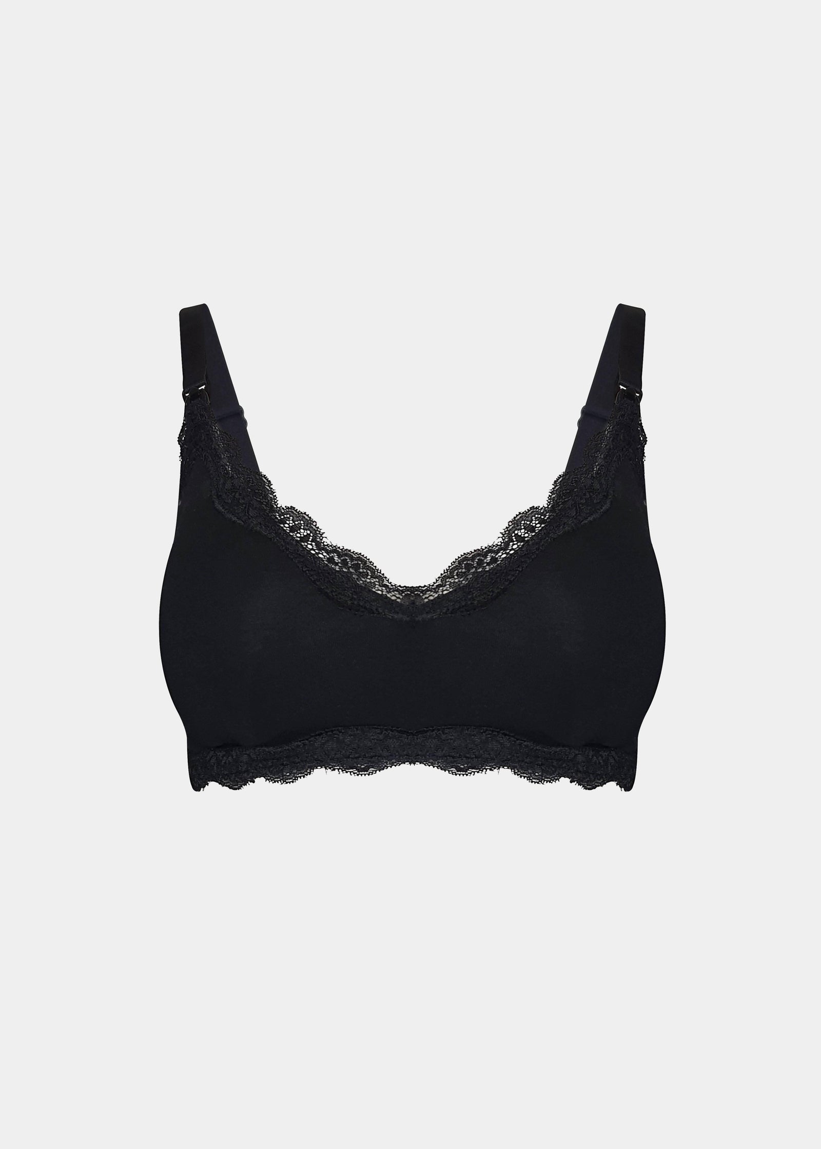 Still product image of Mama Lace Bralette in black, seamless wire-free nursing bra. Stretch fabric cups with removable pads, clip-down nursing cups, adjustable straps, and lace trim along the edges visible.