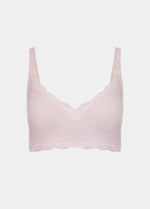 Still product image of Mama Lace Bralette in rose, seamless wire-free nursing bra. Stretch fabric cups with removable pads, clip-down nursing cups, adjustable straps, and lace trim along the cup edges visible.