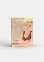 Still product image of Bamboo Soft Bra shown in front packaging box. Rectangular box displaying seamless wire-free bra with cross-front V-neck, supportive underbust band, and product image visible on the front panel.