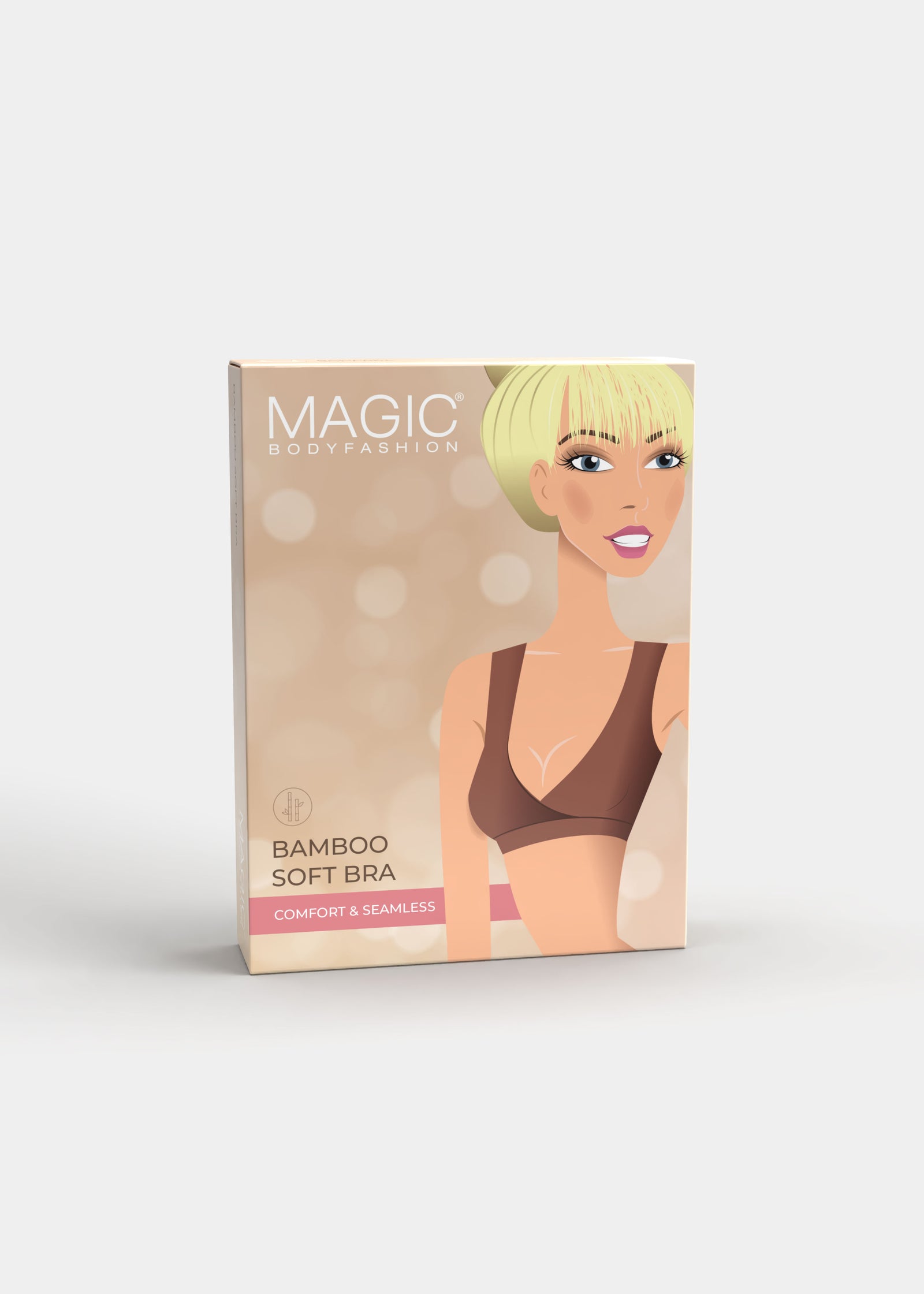 Still product image of Bamboo Soft Bra shown in front packaging box. Rectangular box displaying seamless wire-free bra with cross-front V-neck, supportive underbust band, and product image visible on the front panel.