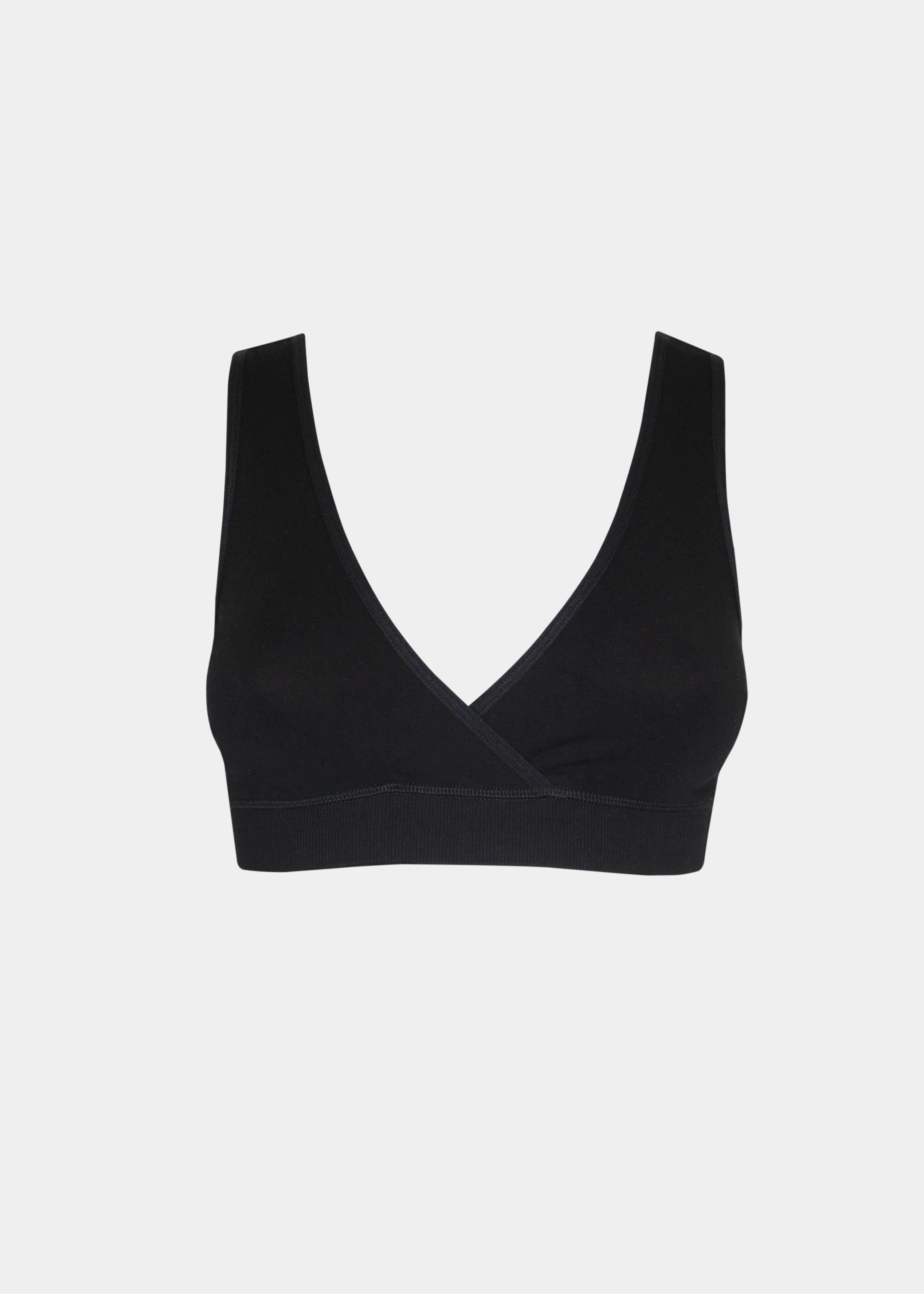 Still product image of Bamboo Soft Bra in black, seamless wire-free bra made with bamboo fibers. Cross-front V-neck, supportive underbust band, wider straps, and smooth back visible for comfort and invisible wear.