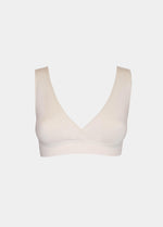 Still product image of Bamboo Soft Bra in cream, seamless wire-free bra made with bamboo fibers. Cross-front V-neck, supportive underbust band, and smooth fabric front visible for comfortable and invisible wear.