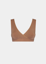 Still product image of Bamboo Soft Bra in mocha, seamless wire-free bra made with bamboo fibers. Cross-front V-neck, supportive underbust band, wider straps, and smooth back visible for comfort and invisible wear.