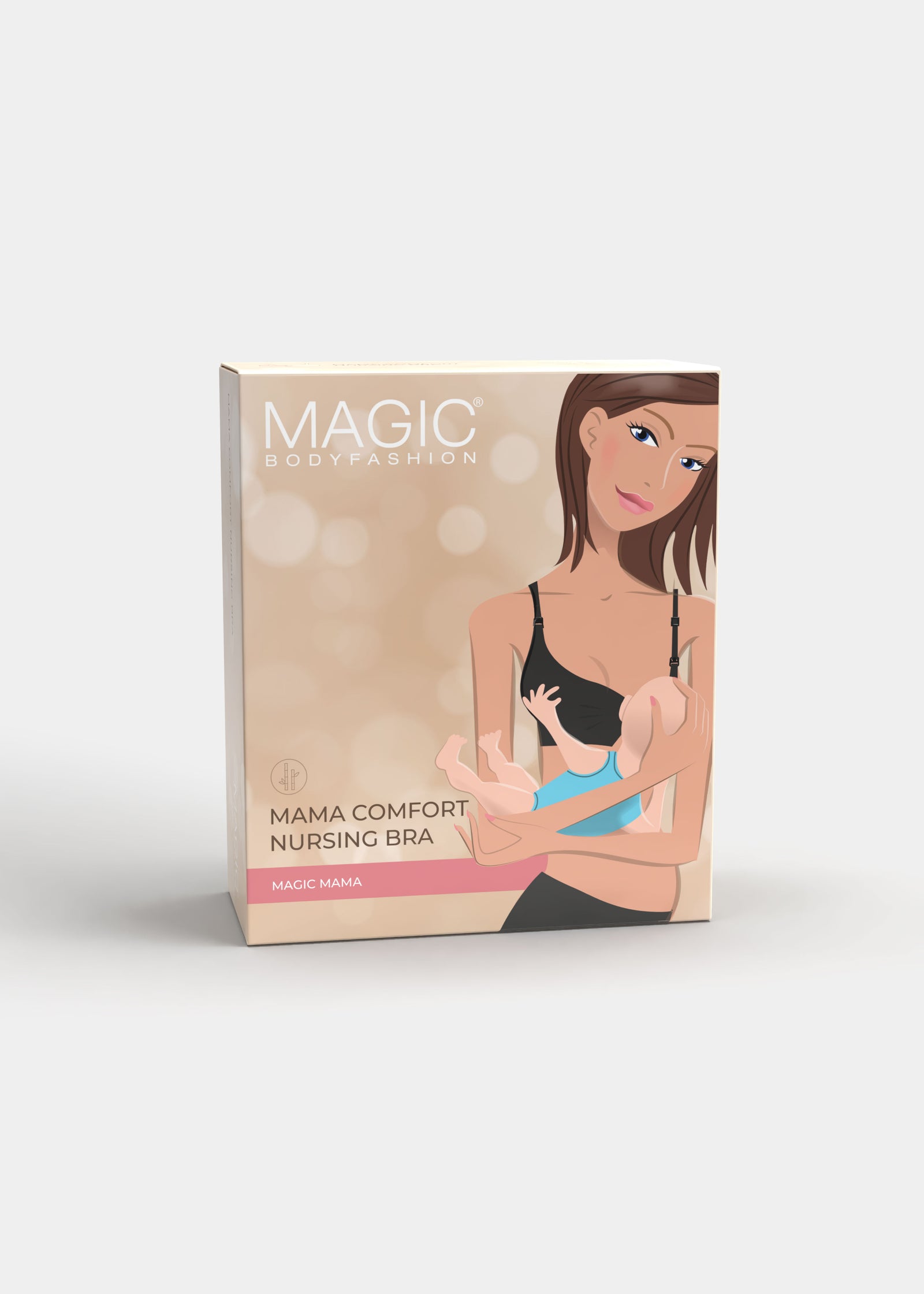 Still product image of Mama Comfort Nursing Bra shown in front packaging box. Rectangular box displaying seamless wire-free nursing bras, with product image, color indication, and branding visible on the front panel.