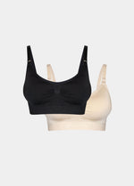 Still product image of Mama Comfort Nursing Bra in black and latte, seamless wire-free nursing bras. Two bras shown flat with adjustable straps, clip-down cups, and smooth stretchable fabric visible.