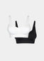 Still product image of Mama Comfort Nursing Bra in white and black, seamless wire-free nursing bras. Two bras shown flat with adjustable straps, clip-down cups, and smooth stretchable fabric visible.