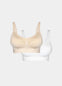 Still product image of Mama Comfort Nursing Bra in latte and white, seamless wire-free nursing bras. Two bras shown flat with adjustable straps, clip-down cups, and smooth stretchable fabric visible.