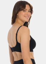 Back view of a model wearing Mama Comfort Nursing Bra in black, seamless wire-free nursing bra. Adjustable shoulder straps and hook-and-eye closure visible, with smooth stretchable fabric and straight back design.