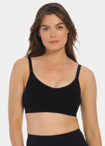 Front view of a model wearing Mama Comfort Nursing Bra in black, seamless wire-free nursing bra. Clip-down cups, adjustable straps, and smooth stretchable fabric visible, designed for nursing access and support.