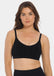 Front view of a model wearing Mama Comfort Nursing Bra in black, seamless wire-free nursing bra. Clip-down cups, adjustable straps, and smooth stretchable fabric visible, designed for nursing access and support.