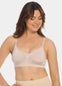 Front view of a model wearing Mama Comfort Nursing Bra in rose, seamless wire-free nursing bra. Clip-down cups, adjustable straps, and smooth stretchable fabric visible, designed for nursing access and support.