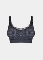 Still product image of Mama Nursing Bra Dots in black, seamless wire-free nursing bra. Features dotted fabric, lace trim along cup edges, adjustable straps, and clip closures on the front of the cups.