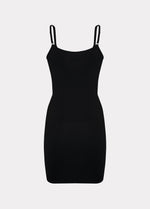 Still product image of Seamless Bodydress in black shown from the back. Body-contouring shaping dress with smooth seamless fabric, medium shaping for lower back and hips, adjustable spaghetti straps, and silicone-trimmed hem visible.