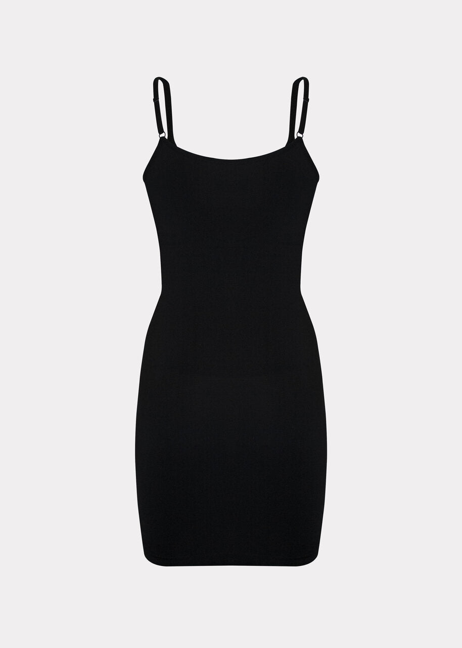 Still product image of Seamless Bodydress in black shown from the back. Body-contouring shaping dress with smooth seamless fabric, medium shaping for lower back and hips, adjustable spaghetti straps, and silicone-trimmed hem visible.
