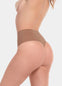 Back view of a model wearing the Macchiato-colored Comfort Thong, featuring soft, seamless fabric with a smooth, minimal design and an invisible finish that enhances the natural shape.