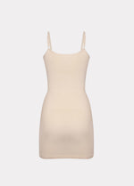 Still product image of Seamless Bodydress in latte shown from the back. Body-contouring shaping dress with smooth seamless fabric, medium shaping for lower back and hips, adjustable spaghetti straps, and silicone-trimmed hem visible.