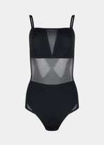 Still product image of Sheer & Sexy Shaping Body in black, low-back figure-sculpting bodybriefer. Smooth fabric with sheer mesh panels, medium shaping for tummy and lower back, adjustable and removable straps, and hook-and-eye closure at the gusset visible.