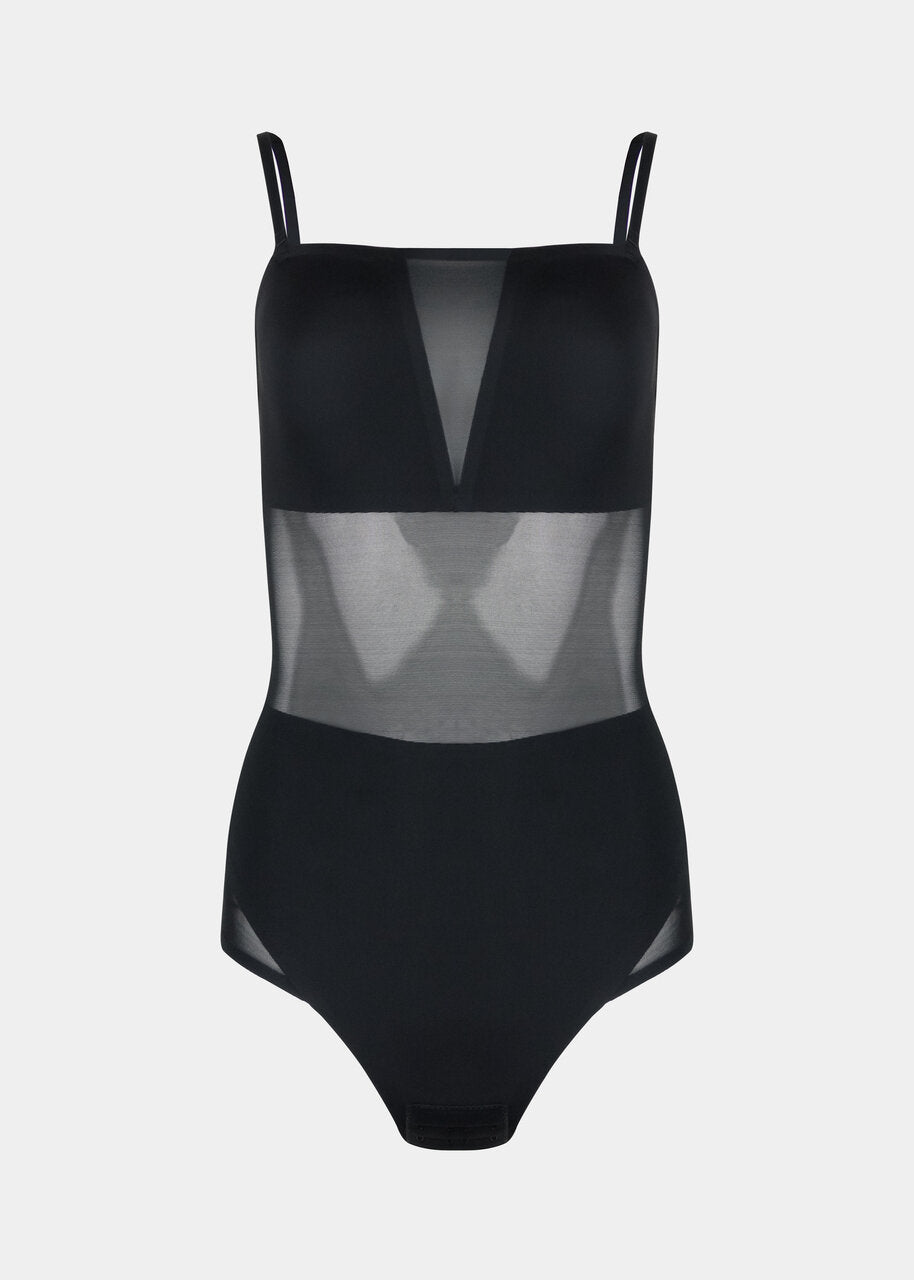 Still product image of Sheer & Sexy Shaping Body in black, low-back figure-sculpting bodybriefer. Smooth fabric with sheer mesh panels, medium shaping for tummy and lower back, adjustable and removable straps, and hook-and-eye closure at the gusset visible.