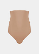 Still product image of Maxi Sexy Hi-Thong in mocha, high-waist shaping thong. Smooth powerful fabric providing firm control for tummy, waist, and back, with seamless edges and silicone-trimmed waistband visible.