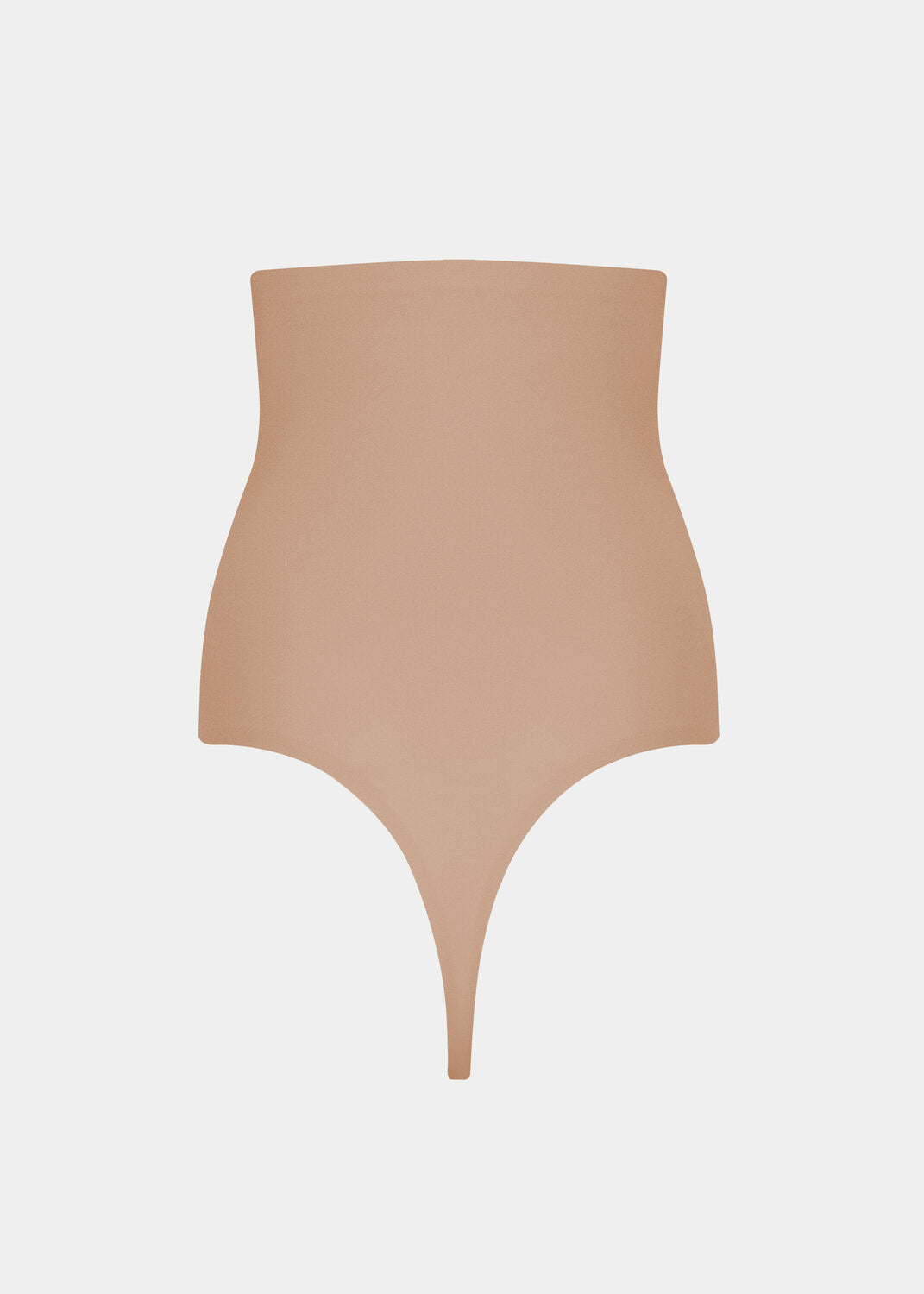 Still product image of Maxi Sexy Hi-Thong in mocha shown from the back. High-waist shaping thong with smooth powerful fabric, firm control for lower back and waist, seamless edges, and silicone-trimmed waistband visible.
