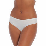A snow white thong underwear featuring smooth, seamless fabric with smooth edges, and a cotton crotch lining.