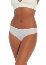 A snow white thong underwear featuring smooth, seamless fabric with smooth edges, and a cotton crotch lining.