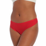 A red thong underwear featuring smooth, seamless fabric with laser-cut edges, and a cotton crotch lining.