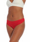 A red thong underwear featuring smooth, seamless fabric with laser-cut edges, and a cotton crotch lining.