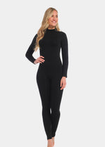 Front view of a model wearing the black Bodycon Jumpsuit, a full-length long-sleeved catsuit made from soft, stretchy fabric. The seamless design hugs the body’s curves, offers flattering bust support, and features a sleek, sculpted silhouette with a smooth, invisible finish.