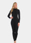 Front view of a model wearing the black Bodycon Jumpsuit, a full-length long-sleeved catsuit made from soft, stretchy fabric. The seamless design hugs the body’s curves, offers flattering bust support, and features a sleek, sculpted silhouette with a smooth, invisible finish.