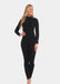 Front view of a model wearing the black Bodycon Jumpsuit, a full-length long-sleeved catsuit made from soft, stretchy fabric. The seamless design hugs the body’s curves, offers flattering bust support, and features a sleek, sculpted silhouette with a smooth, invisible finish.