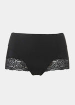 Black mid-waist shaping brief shown in a front-facing flat position, featuring firm lower tummy and back shaping with built-in powernet, smooth strong breathable fabric, flat invisible lace, and cotton gusset lining.
