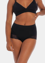 Black mid-waist shaping brief shown in a front-facing flat position, featuring firm lower tummy and back shaping with built-in powernet, smooth strong breathable fabric, flat invisible lace, and cotton gusset lining.
