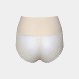 Still product image of Tummy Shaper Lace in latte shown from the back. Mid-waist shaping brief with smooth fabric, lace detailing at the back, and seamless edges for invisible wear under clothing.