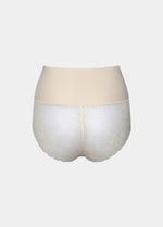Still product image of Tummy Shaper Lace in latte shown from the back. Mid-waist shaping brief with smooth fabric, lace detailing at the back, and seamless edges for invisible wear under clothing.