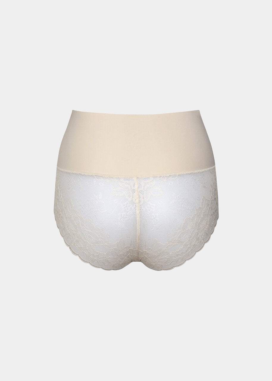 Still product image of Tummy Shaper Lace in latte shown from the back. Mid-waist shaping brief with smooth fabric, lace detailing at the back, and seamless edges for invisible wear under clothing.