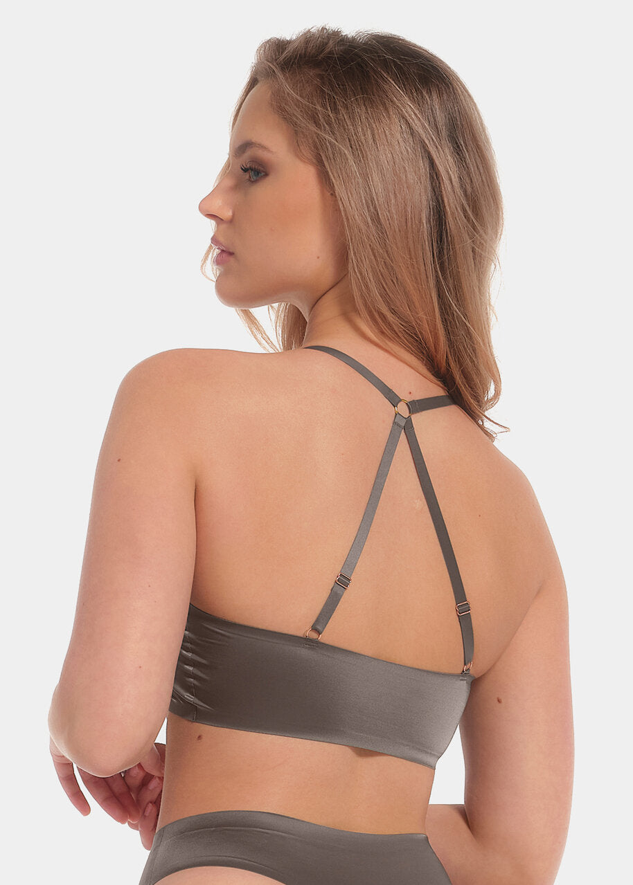 Matcha Gloss Scoop Bra showing the backview of the bra. The bra features adjustable shoulder straps, scoop neckline