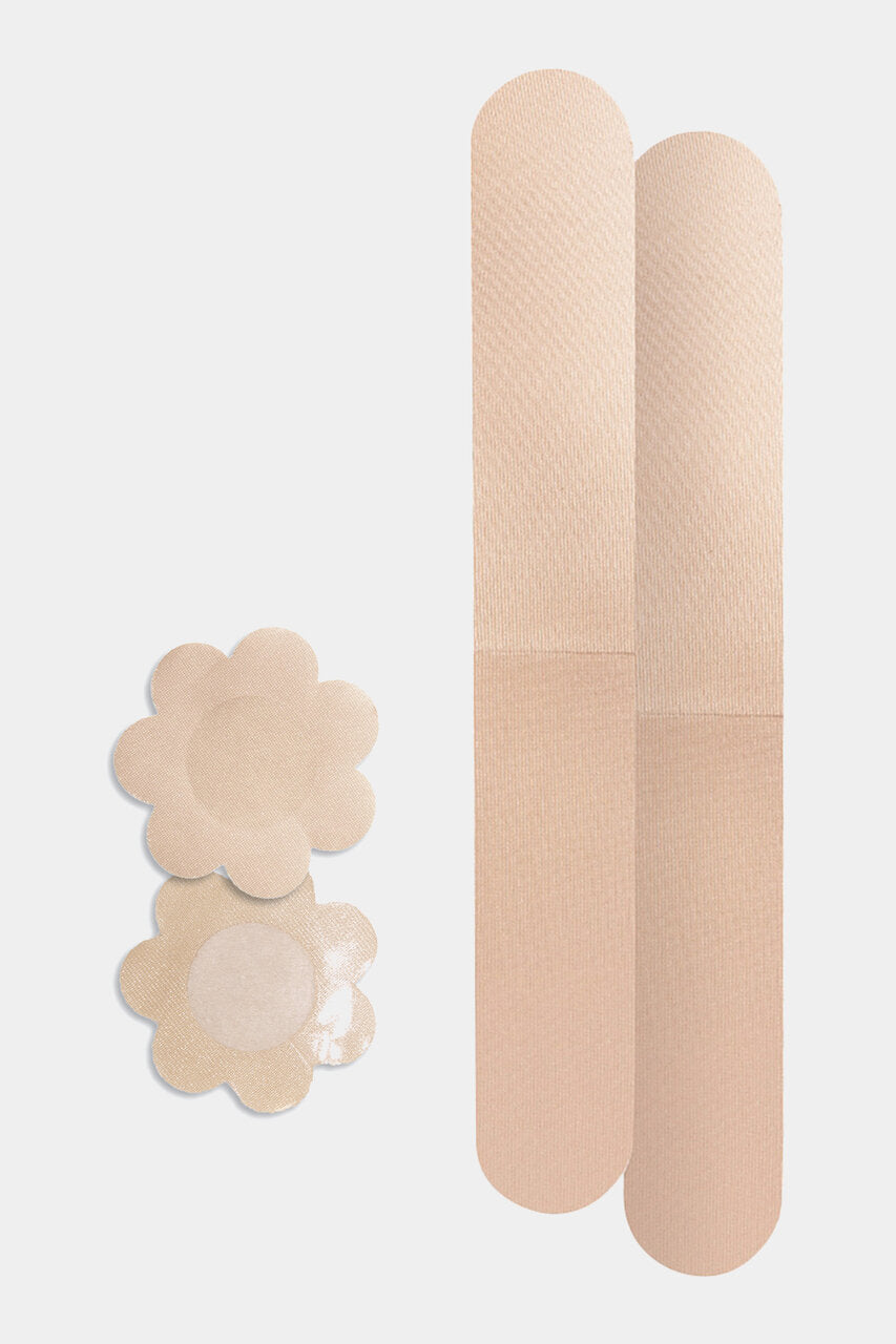 Still product image of the latte-colored Celebrities Breast Tape, showcasing the adhesive breast tape pieces designed to lift and support the bust for a smooth, invisible look under clothing.