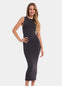 Front view of a model wearing the doppio-colored Bodycon Dress, featuring a sleeveless midi-length design with ultra-stretchy, seamless fabric that hugs the curves and provides flattering bust support.