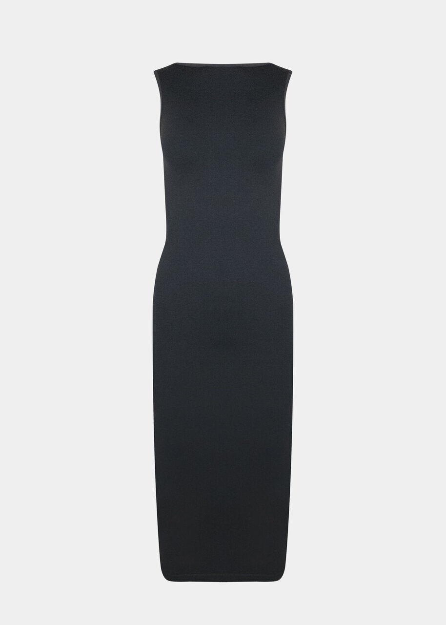 Still front product view of the doppio-colored Bodycon Dress, highlighting the sleeveless midi-length design, seamless finish, flattering bust support, and smooth, body-hugging silhouette.