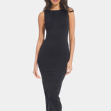 Front view of a model wearing the black Bodycon Dress, a sleeveless midi-length dress made from ultra-comfortable, stretchy fabric. The seamless design hugs the curves, offers flattering bust support, and features a smooth, sculpted silhouette with a secure fit.