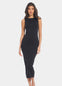 Front view of a model wearing the black Bodycon Dress, a sleeveless midi-length dress made from ultra-comfortable, stretchy fabric. The seamless design hugs the curves, offers flattering bust support, and features a smooth, sculpted silhouette with a secure fit.