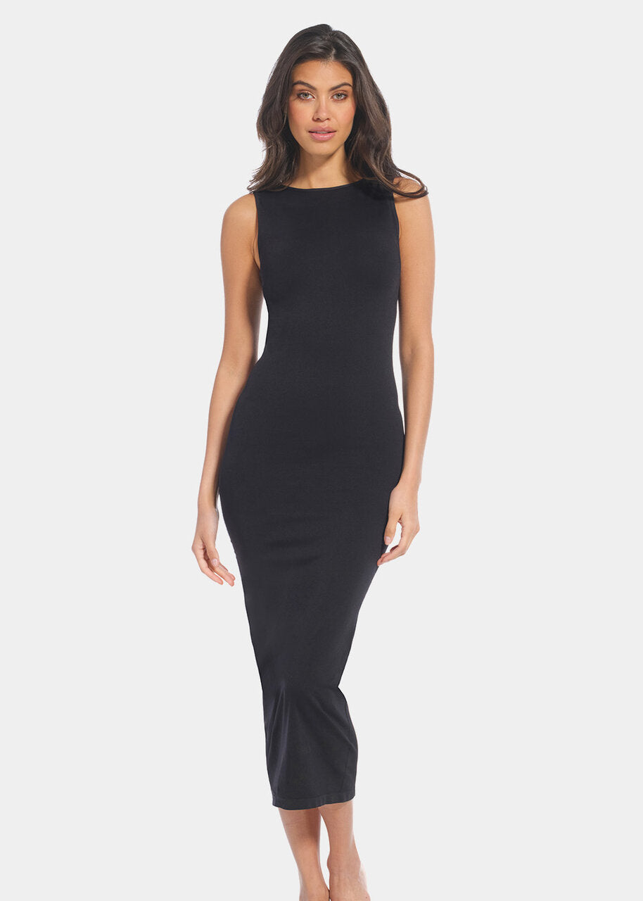 Front view of a model wearing the black Bodycon Dress, a sleeveless midi-length dress made from ultra-comfortable, stretchy fabric. The seamless design hugs the curves, offers flattering bust support, and features a smooth, sculpted silhouette with a secure fit.