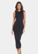 Front view of a model wearing the black Bodycon Dress, a sleeveless midi-length dress made from ultra-comfortable, stretchy fabric. The seamless design hugs the curves, offers flattering bust support, and features a smooth, sculpted silhouette with a secure fit.