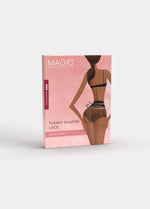 Still product image of Tummy Shaper Lace shown in front packaging box. Rectangular box displaying mid-waist lace shaping brief, with product image, lace details, and branding visible on the front panel.